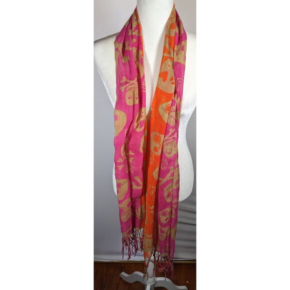 Gothic Voodoo Pink And Orange Skull Print Scarf With Fringe And Bead Accents - Picture 5 of 8